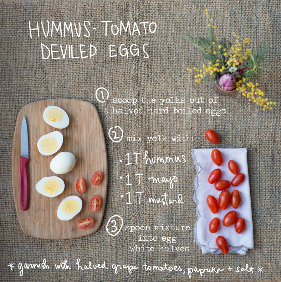 Hello, cute Superbowl Party food! I&#8217;m going to make these little Hummus-Tomato Deviled Eggs for the big game on Sunday. It&#8217;s been unseasonably warm in Northern California (with a lot of early blooms!) and I&#8217;ve been sitting outside with these for lunch several times this past week&#8230; and I can&#8217;t get enough of them! Just mash together the yolks with hummus, mayonnaise, and (spicy) mustard until creamy and spoon the mixture into the egg whites. I top each with a half of a grape tomato (like cherry tomatoes, but oblong like a football!). Finish with a sprinkle of smoky paprika and (Maldon) sea salt. Enjoy!
