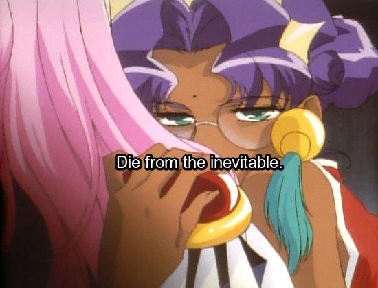 Image: Anthy in the penultimate episode, holding Utena from behind with a concerningly intense look on her face. Text: Die from the inevitable.