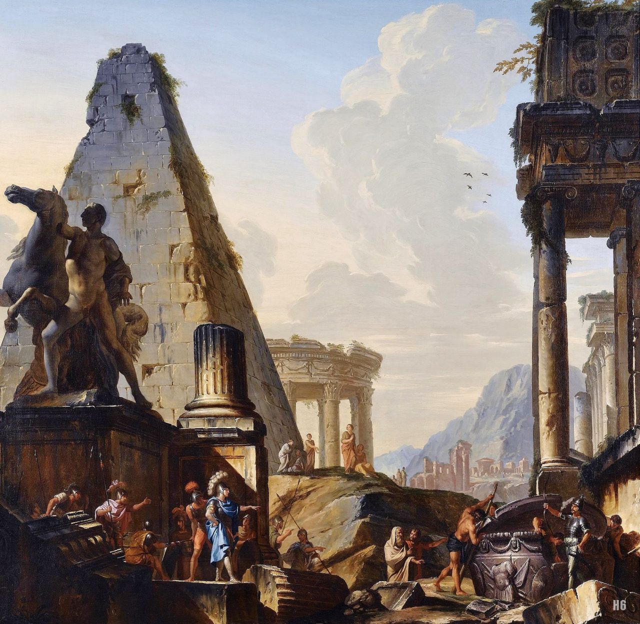 Capriccio of Classical Ruins with Alexander the Great opening the Tomb of Achilles. Giovanni Niccolo Servandoni. Italian 1695-1766. oil/canvas.
http://hadrian6.tumblr.com