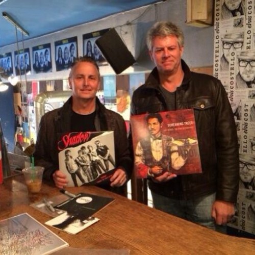 Pearl Jam&#8217;s Mike McCready and Screaming Trees&#8217; Barrett Martin at Easy Street Records in Seattle for Record Store Day 2014.