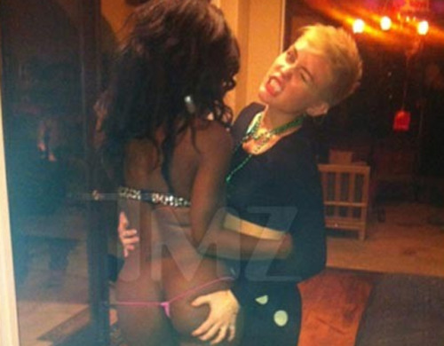 Miley Cyrus celebrated her 20th birthday last month at a house party in Hollywood with a bunch of strippers. Miley was so excited, she “jumped up, hugged the dancer and grabbed her ample but which was busy swallowing a pink g-string” because just like 2 Chainz says, “All I want for my birfday is a big booty ho.”