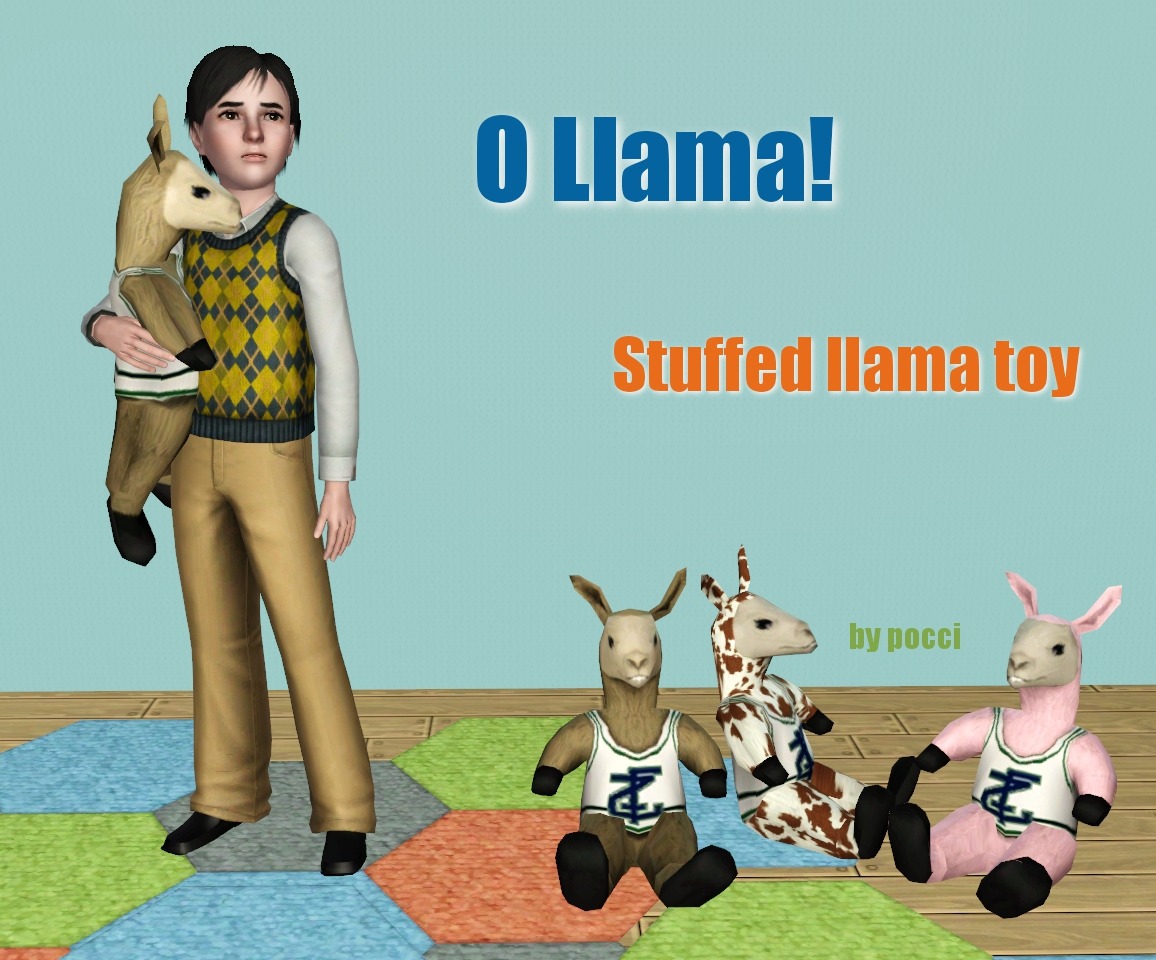 Stuffed Llama Toy:

fully functional toy (teddy bear clone), Kids - Toys category, 14 simoleons, 2nd and 3rd variations are partially CAStable
Original mesh and texture are from EA&#8217;s llama goods.  Edited by me.

DOWNLOAD (sims3pack and package included)
Enjoy!  :D