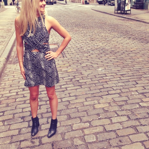 Alissa at our Soho store wears Silk Cotton Wrap Dress
