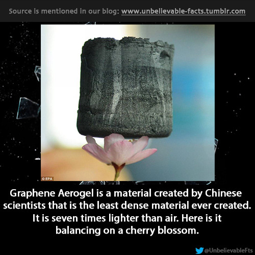  Graphene Aerogel is a material created by Chinese scientists that is the least dense material ever created. It is seven times lighter than air. Here is it balancing on a cherry blossom. 
