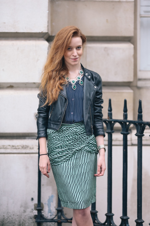 Sophisticated pinstripes get dressed down with this cropped biker. 