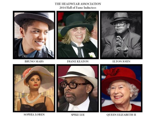 unorthodoxartpop:  Bruno has been inducted into The Headwear Association’s 2014 Hat Wearer Hall of Fame along with The Queen, Spike Lee &amp; Elton John. “Bruno Mars is a multi-platinum, chart-topping musician, rarely seen without a topper of his own. Bruno Mars has a dashing, polished modern day style, and his hats are the crowning glory of his signature look. Bruno Mars told MTV that you have to pick your hats based on chemistry, “the hat has to speak to you, from your soul.” The American star is renowned for his love of hats, and he is constantly being spotted in headwear of every style including beanies, street-wear style caps and trilbys. But it is the old-school fedora hats that has become his trademark. His love of hats is well documented, and when commenting on his hit song ‘Billionaire’, he remarked that if he was a billionaire himself, he’d want a “diamond-encrusted golden hat made from unicorn fur.”