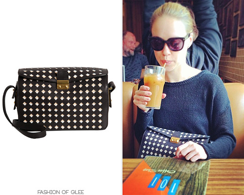 Becca Tobin tweets about her breakfast, Los Angeles, January 24, 2014 Marni Diamond Cutout Cross-Body Bag - $2,130.00 Worn with: Tom Ford sunglasses Also worn in: Los Angeles, February 7, 2014 Los Angeles, March 13, 2014 with American Eagle turtleneck