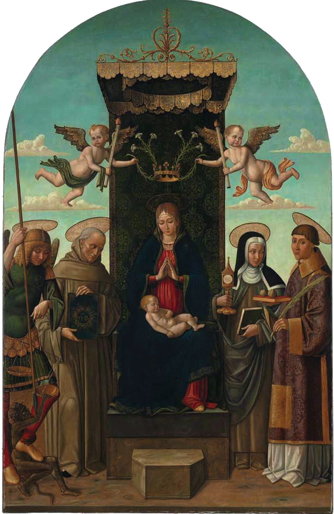 necspenecmetu:

Gian Giacomo dAlladio (Il Macrino dAlba), Madonna and Child Enthroned with Saints Michael the Archangel, Bernardino of Siena, Clare, and Stephen, 1507
