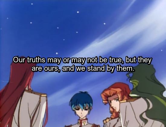 Image: Touga, Miki, Juri and Saionji standing together under the night sky, looking serious. Text: Our truths may or may not be true, but they are ours, and we stand by them.