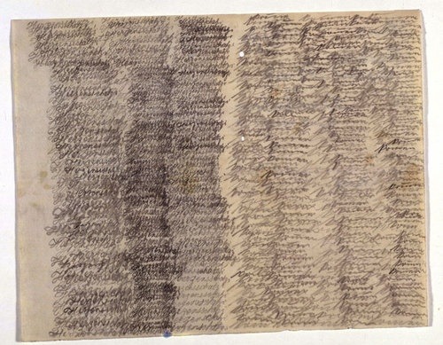A letter from schizophrenic patient Emmy Hauck to her husband. It consists only phrase “Herzensschatzi komm” (darling please come) and “komm komm komm” (come, come, come ) repeated over and over.