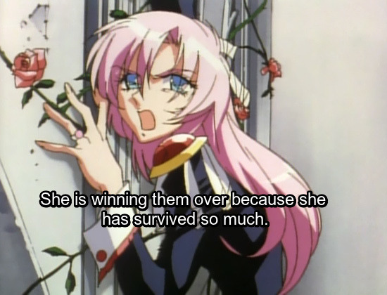 Image: Utena struggling with the Rose Gate. Text: She is winning them over because she has survived so much.