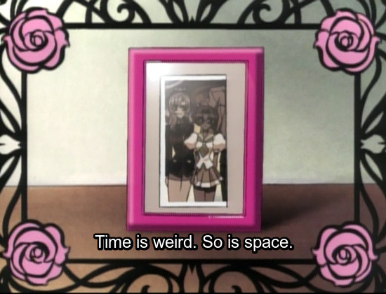 Image: A framed sepia picture of Utena and Anthy together. Text: Time is weird. So is space.