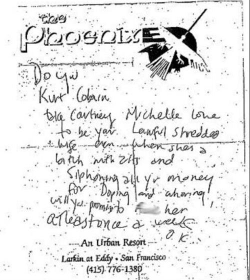 AP: Author Charles R. Cross: Courtney Love, not Kurt Cobain, wrote note found in Cobain&#8217;s wallet. Cross said Love emailed him to say that she wrote the note and that she gave it to Cobain before their wedding in 1991.