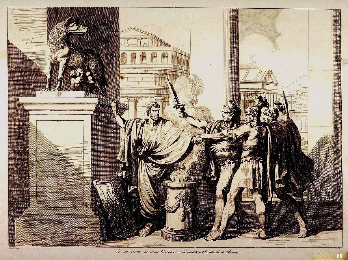 The Oath of the Horatii. 19th.century. Bartolomeo Pinelli. Italian 1781-1835. etching.
http://hadrian6.tumblr.com