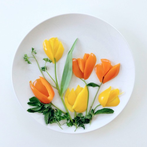 Tulips.
Bell peppers, parsley, mint leaves