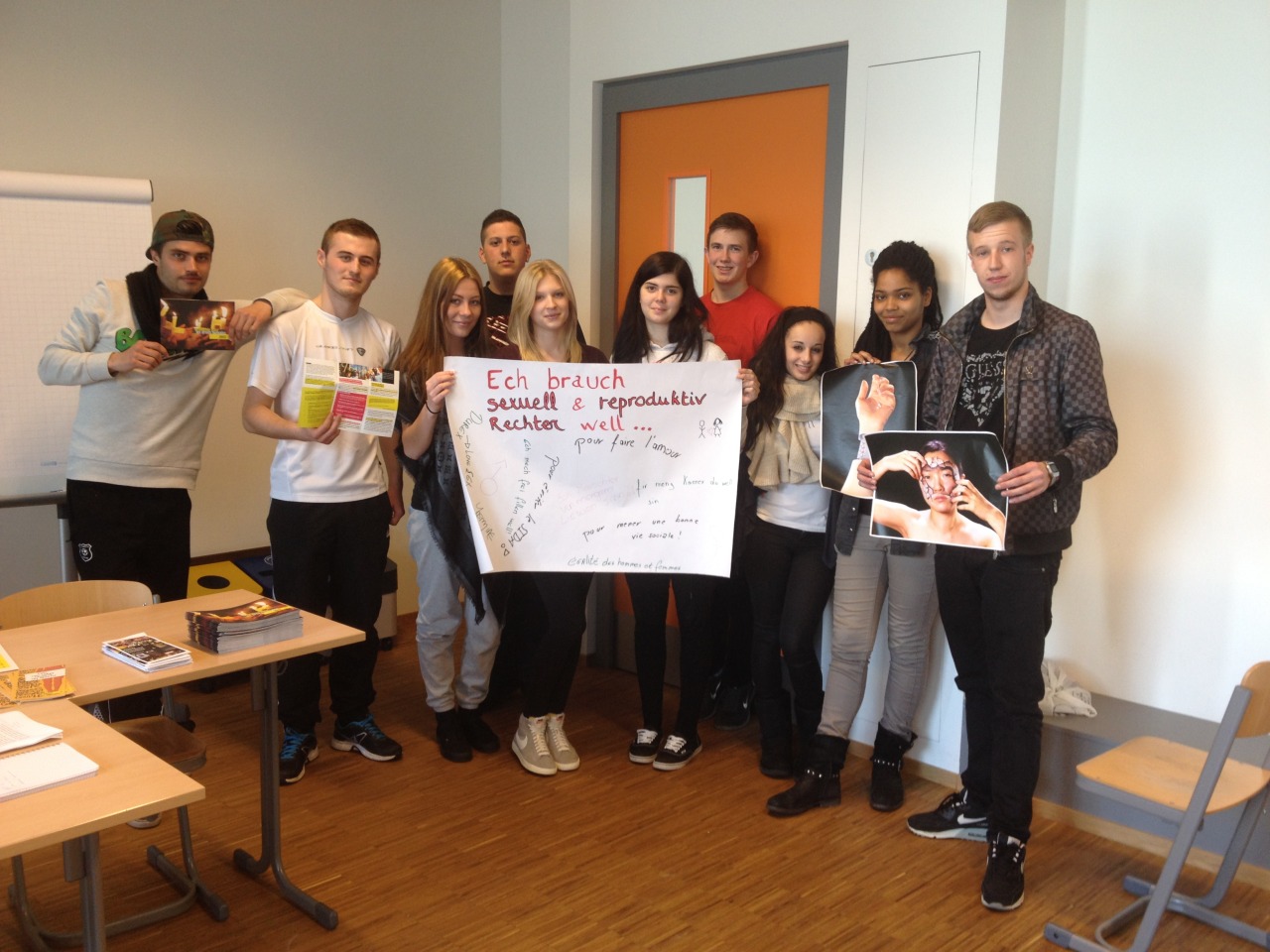 After a HRE workshop, students from Luxembourg (LTPES) explain why they need sexual and reproductive rights, March 2014.