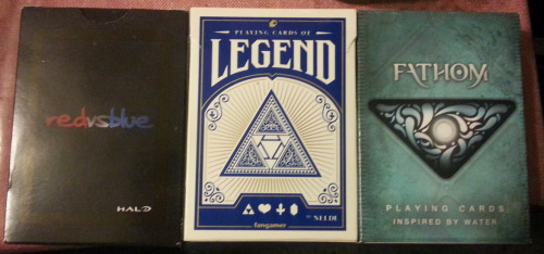 i wasn’t believed. okay so yeah these are my three most favourite deck of cards.EVER the RvB one is very recent (drawn and made by the awwesome synne), Fathom was the first deck i adored and the Zelda cards are second. in my flat people are JERKS, we have to put our items in lock boxes to avoid our property from getting damaged. PEOPLE RUIN MY THINGS A LOT. =\ so i have to lock everything i own away. BLAARHGHGH  i got the zelda deck from fangamer and fathom from ellusionist