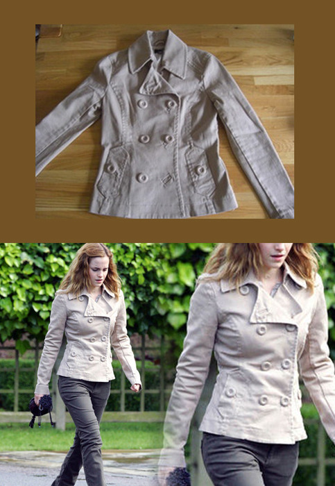 
 Emma wore a H&amp;M Beige Jacket as Hermione Granger in Harry Potter and the Deathly Hallows part 1. Wore with: Gap 1969 Lightweight Skinny Jeans 
