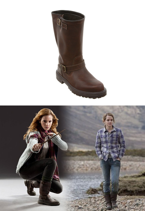 Emma wore a pair of Office Passenger Biker Boots as Hermione Granger in the Harry Potter and the Deathly Hallows part 1 movie. Office Passenger Biker Boots - £16.00 (super sale, it used to be £70!)Wore with: Levi’s 515 Misses Mid Rise Classic Boot Cut Jeans &amp; H&amp;M plaid shirt
