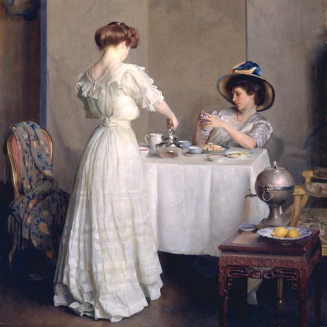 Detail of Tea Leaves by William McGregor Paxton, c. 1909. (via Via )
Otherwise titled Teatime Texting.