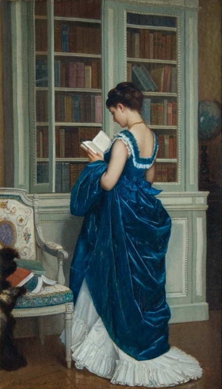 Dans la Bibliotheque (1872). Auguste Toulmouche (French, 1829-1890). Oil on canvas. 
Toulmouche specialized in paintings depicting beautiful women within interior scenes (Directoire/Costume paintings). He first exhibited in the Salon of 1848.
At the height of his career, Costume painting came into the forefront. Patrons reveled in depictions of sentimental, romantic daily life. Success depended on the expressiveness of the characters, a quality directly derived from history painting. 