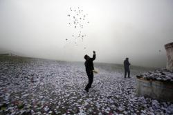 A Tibetan man throws small pieces of paper, called "wind horses," into the air, next to a stupa on top of a mountain on the Tibetan Plateau. This practice is is said to bring good luck.