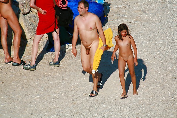 Family nudist beach pee