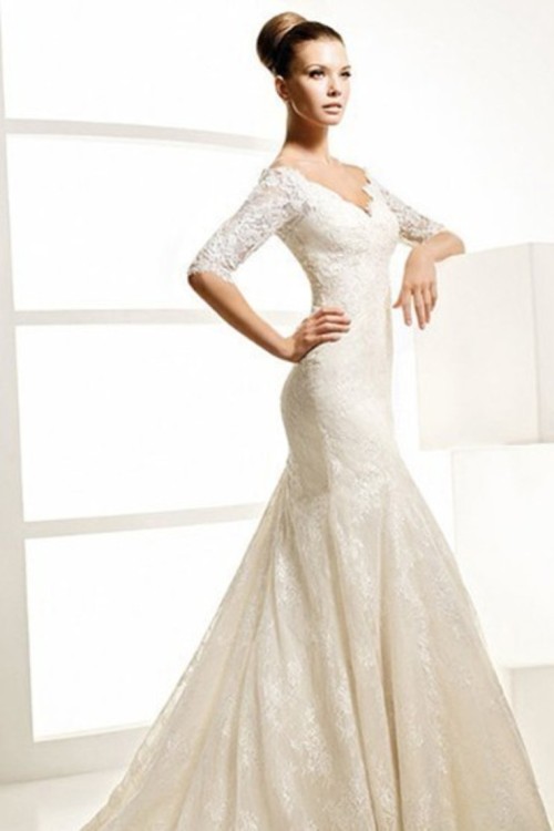Long lace wedding dress with sleeves