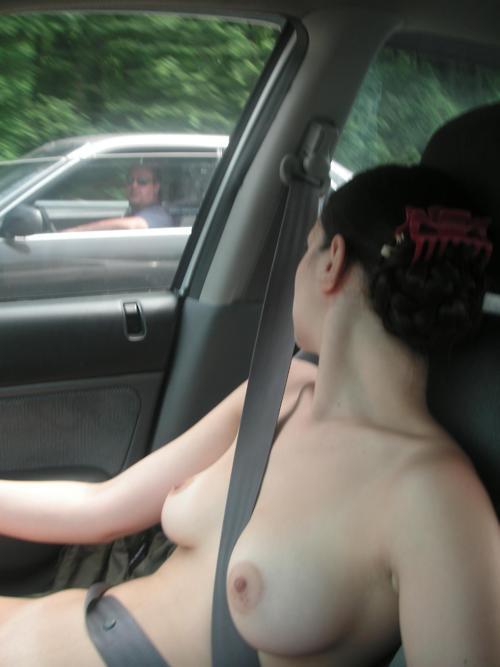Naked women flashing truckers in car