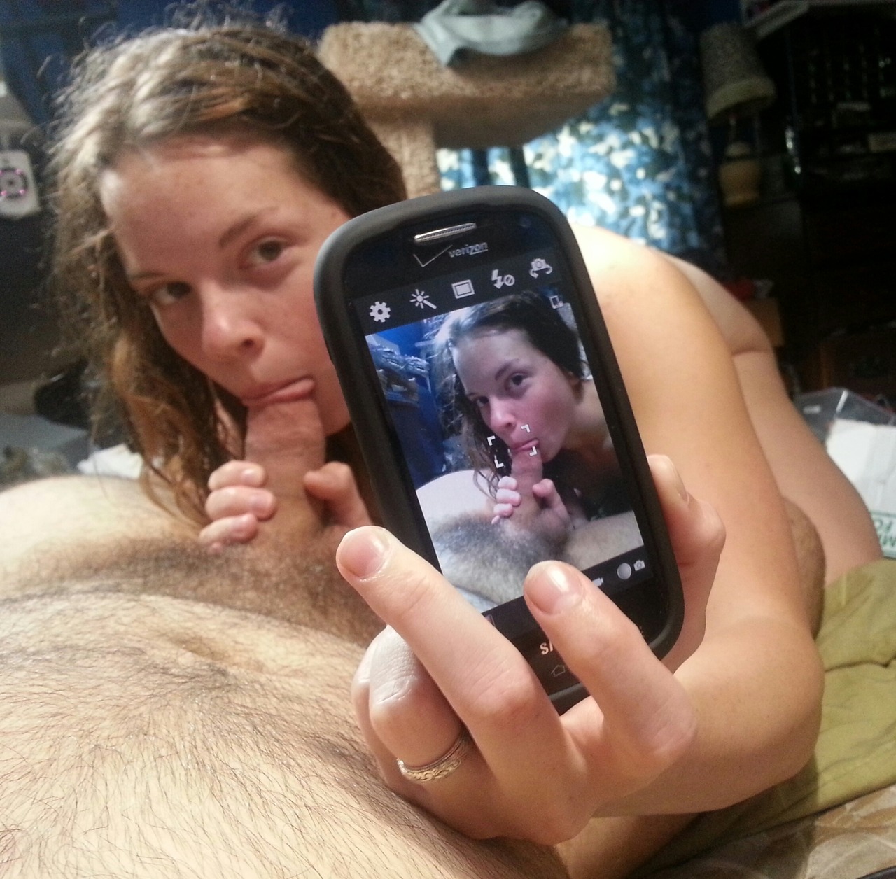 Naked girl selfie sucking dick