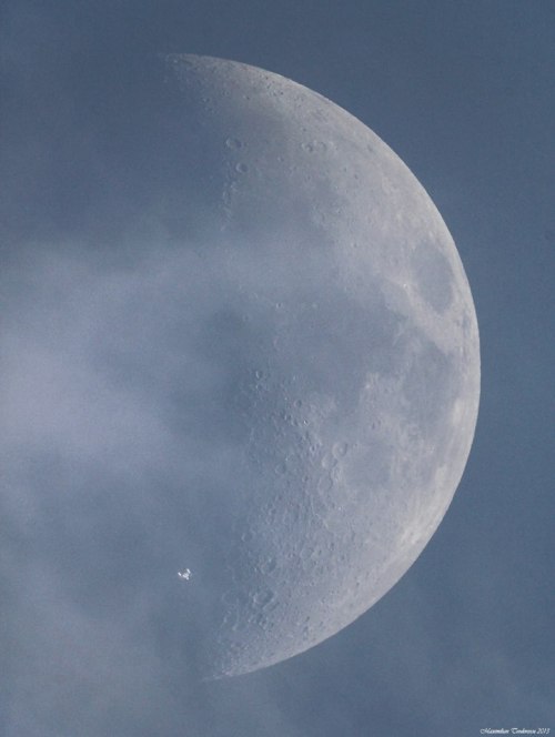 The International Space Station transiting the Moon during day.https://space-pics.tumblr.com/