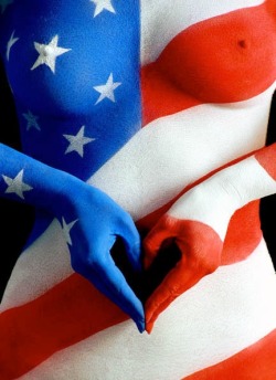 Women body paint american flag